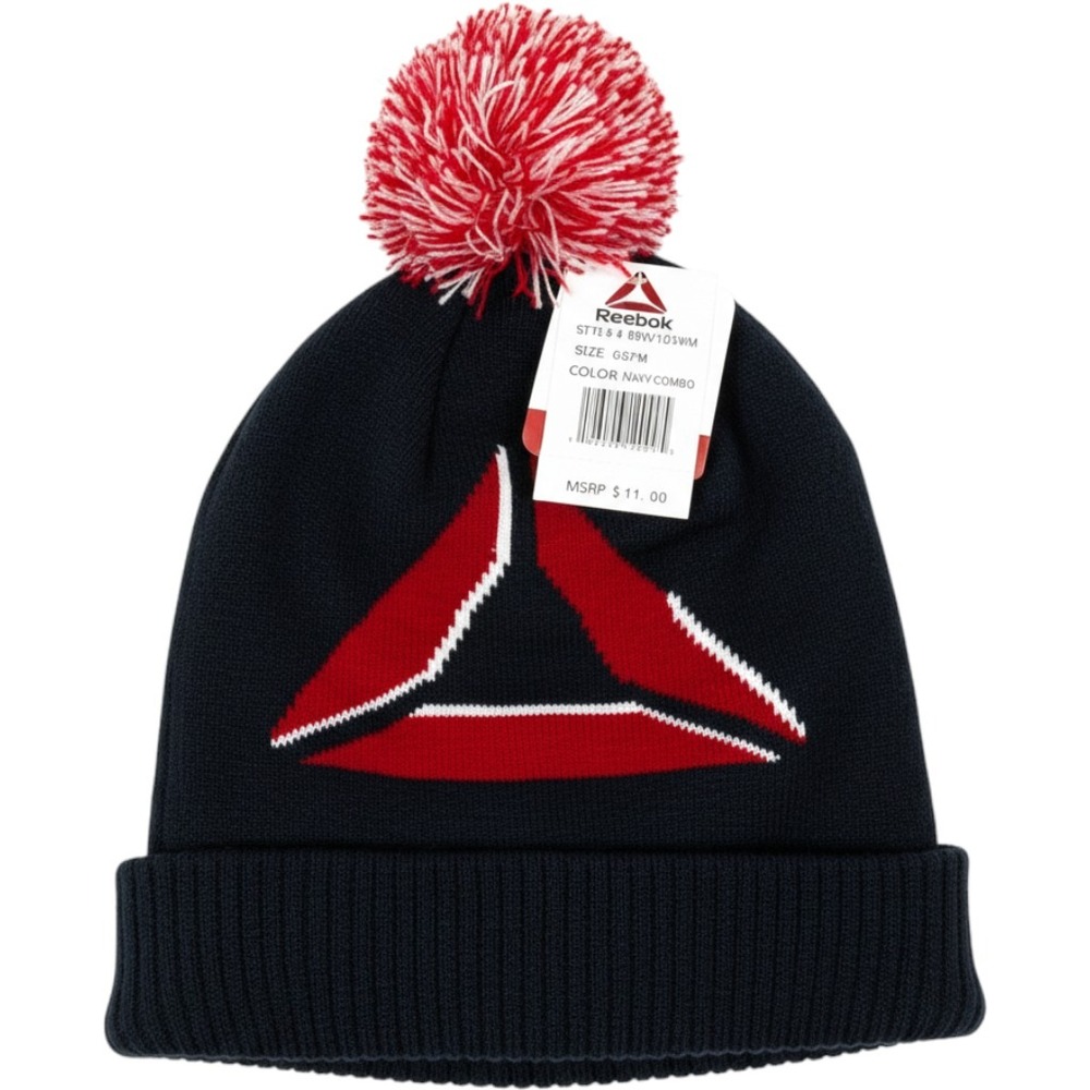 Reebok Pom Pom Beanie Hat Navy Blue Red White Delta Logo RBW103WM OSFM NWT